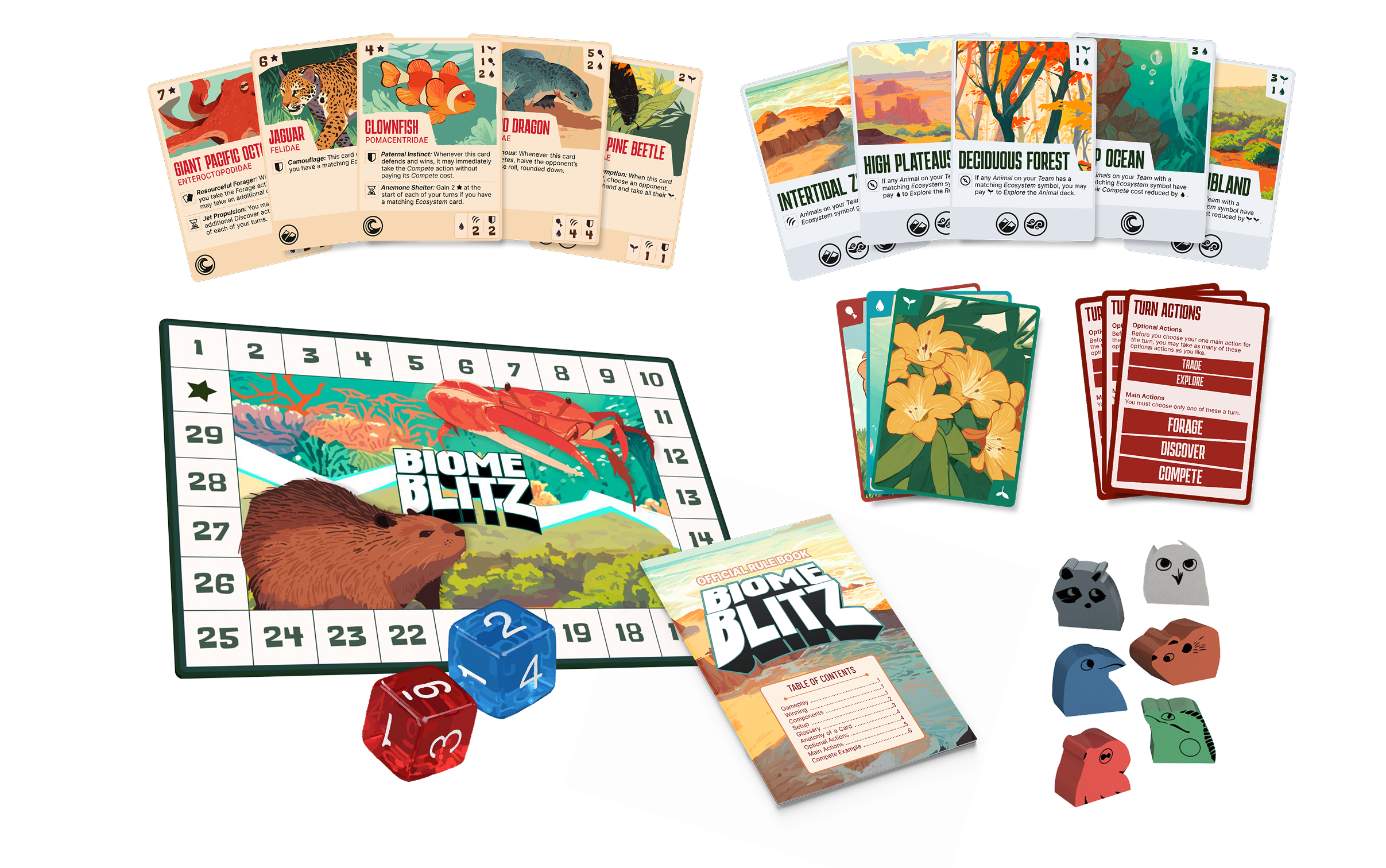The contents of the game box for Biome Blitz.